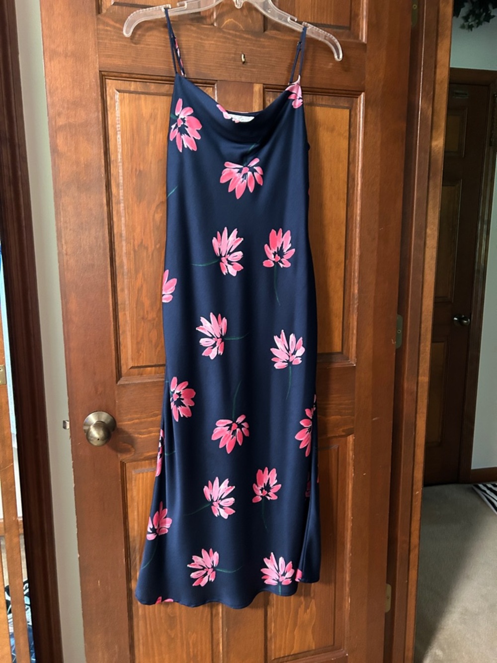 All in Favor Navy Slip Maxi Skirt with Pink Floral Print